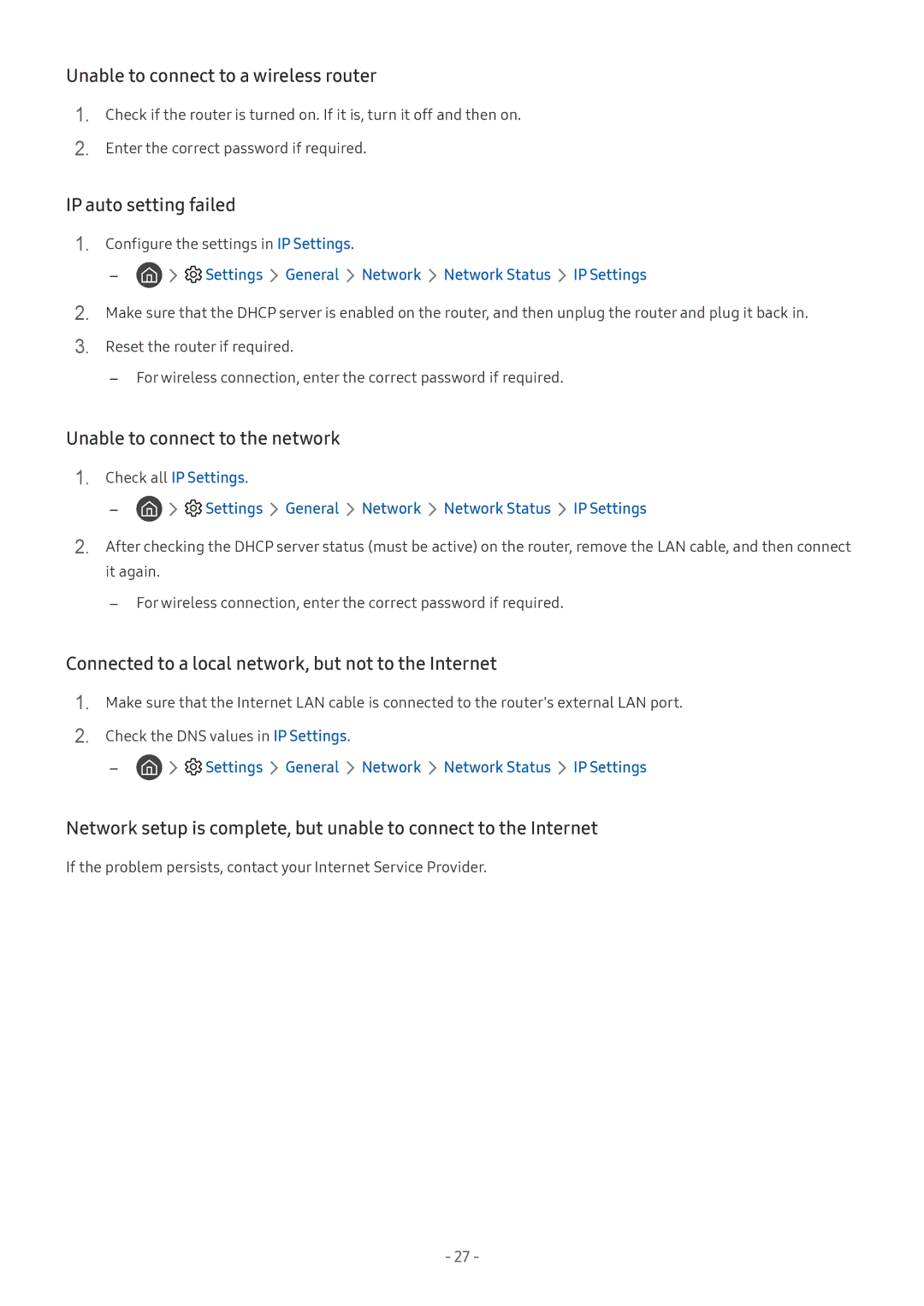 Samsung UE65NU7645UXXC Unable to connect to a wireless router, IP auto setting failed, Unable to connect to the network 