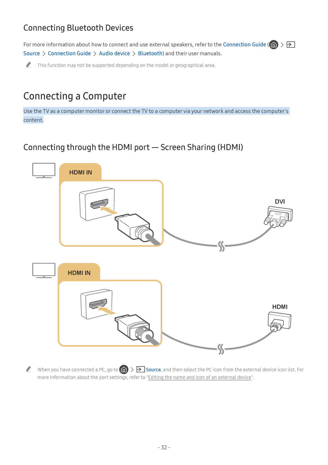 Samsung UE55NU7305KXXC, UE82NU8009TXZG, UE65NU8509TXZG, UE55NU8059TXZG Connecting a Computer, Connecting Bluetooth Devices 