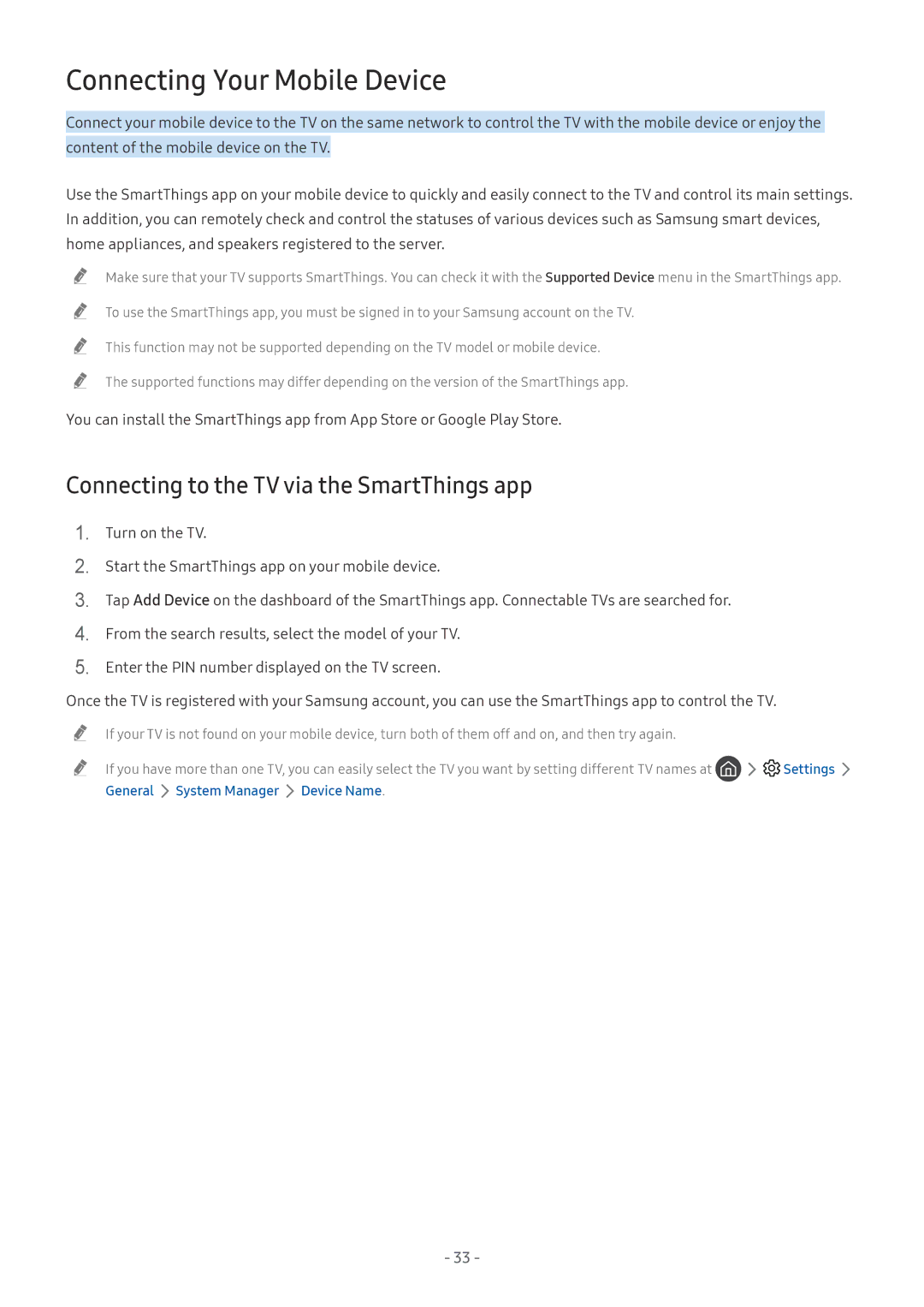 Samsung UE65NU7655UXXC, UE82NU8009TXZG manual Connecting Your Mobile Device, Connecting to the TV via the SmartThings app 