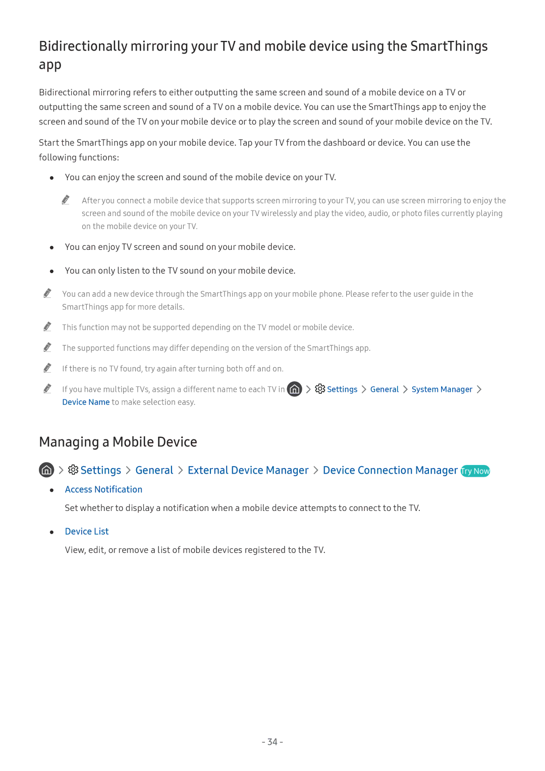 Samsung QE75Q7FNATXXC manual Managing a Mobile Device, Access Notification, Device List, Settings General System Manager 