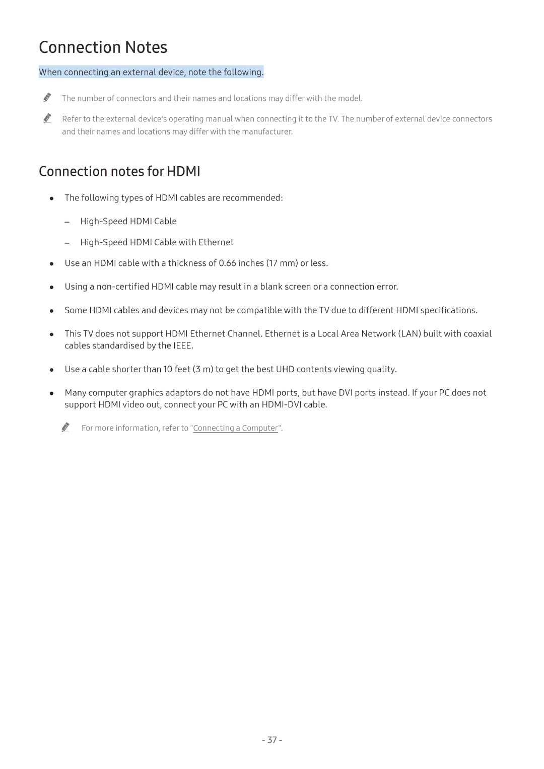 Samsung UE55NU7175UXXC, UE82NU8009TXZG, UE65NU8509TXZG, UE55NU8059TXZG manual Connection Notes, Connection notes for Hdmi 