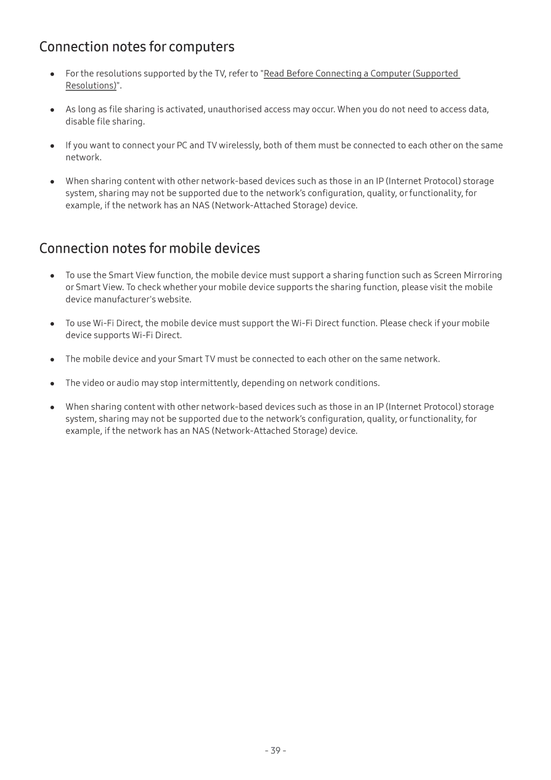 Samsung UE75NU7105KXXC, UE82NU8009TXZG, UE65NU8509TXZG Connection notes for computers, Connection notes for mobile devices 