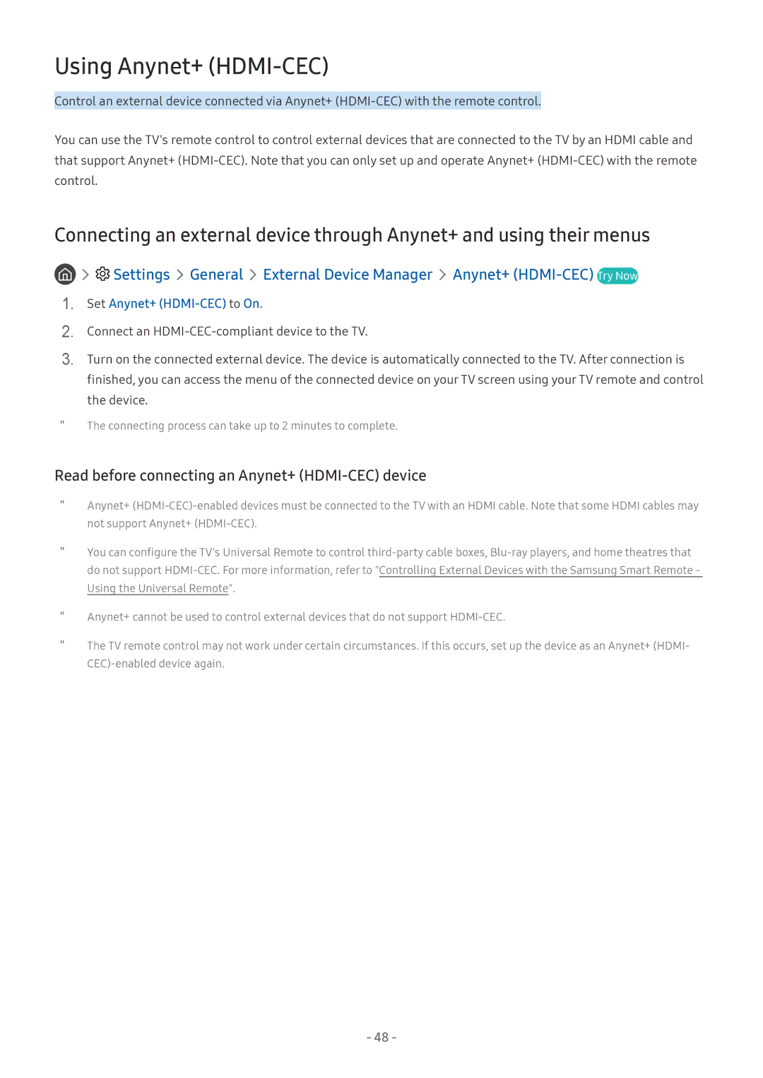 Samsung UE49NU8000TXZT, UE82NU8009TXZG manual Using Anynet+ HDMI-CEC, Read before connecting an Anynet+ HDMI-CEC device 