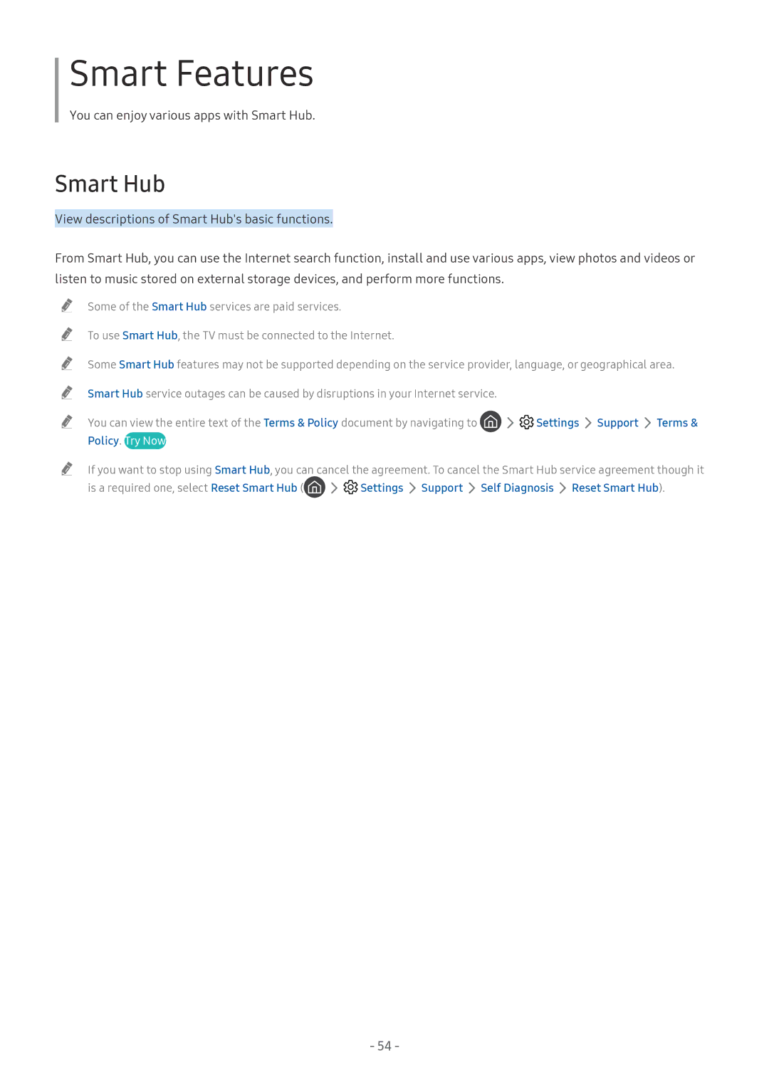 Samsung QE65Q7FNATXZT, UE82NU8009TXZG manual Settings Support Terms, Settings Support Self Diagnosis Reset Smart Hub 