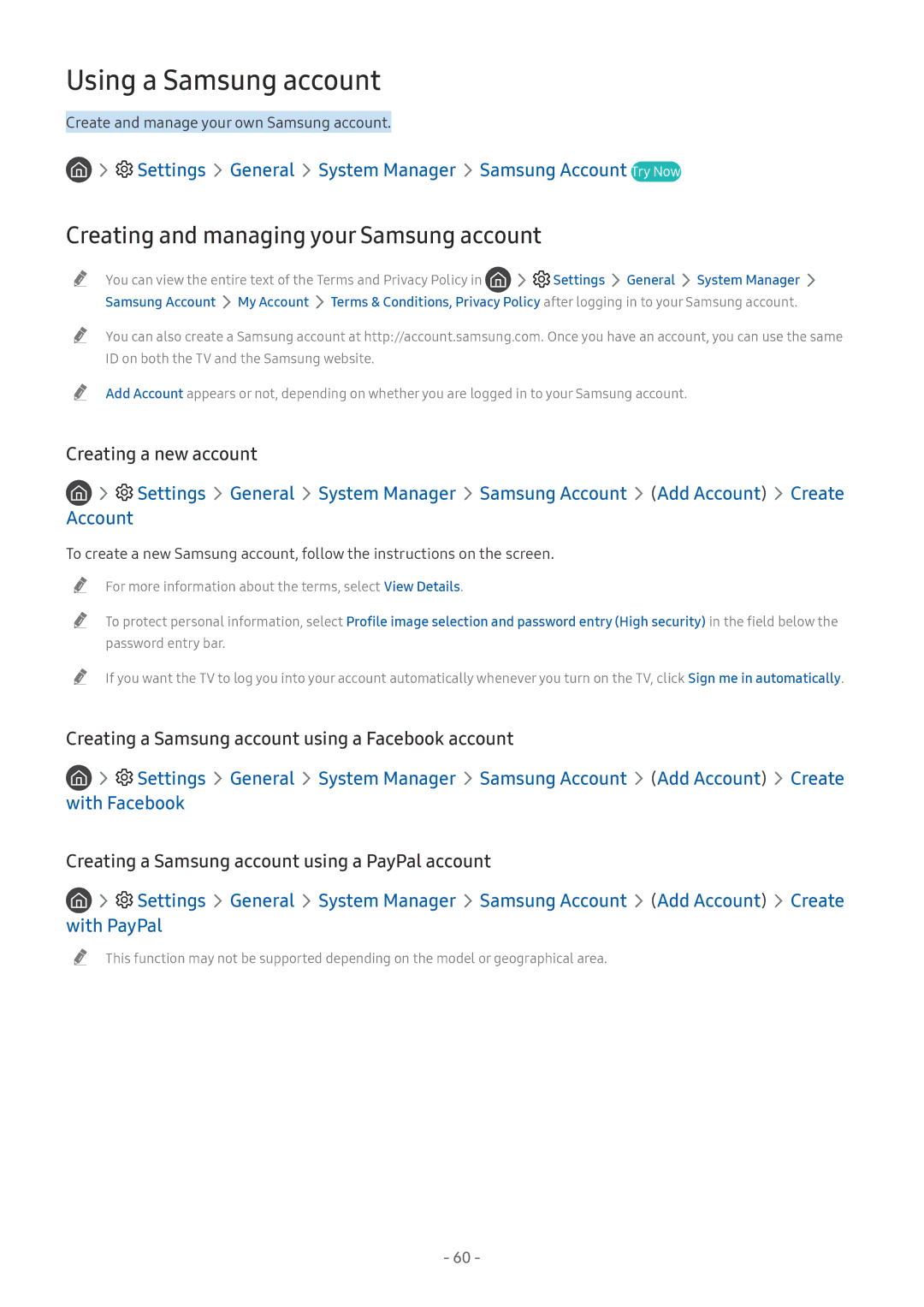 Samsung UE65NU7170UXZT manual Using a Samsung account, Creating and managing your Samsung account, Account, With PayPal 
