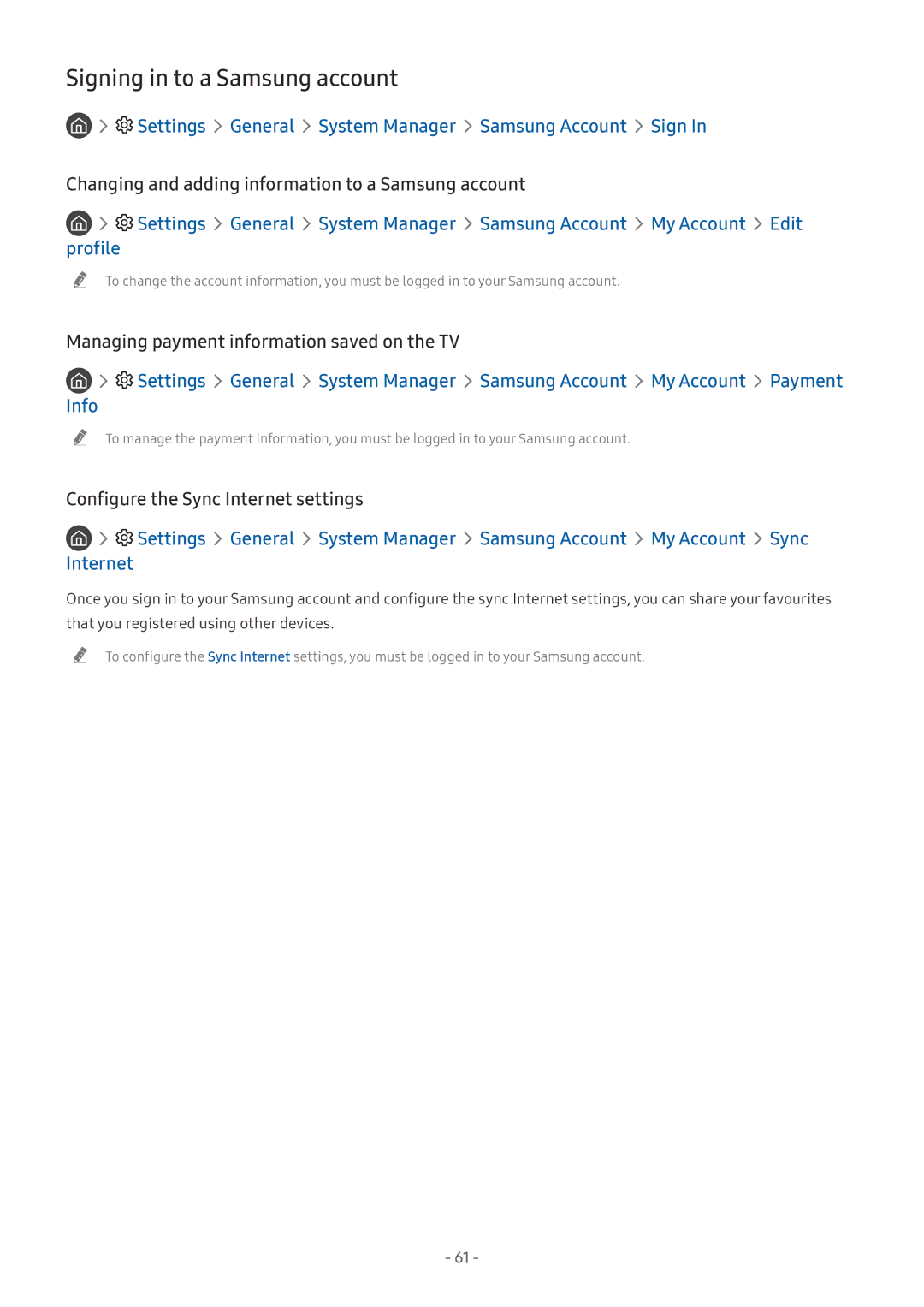 Samsung UE55NU7170UXZT manual Signing in to a Samsung account, Settings General System Manager Samsung Account Sign 