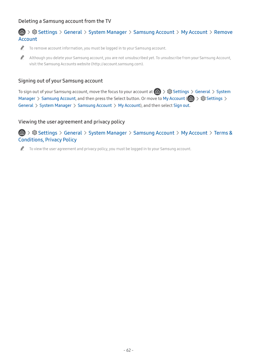 Samsung UE49NU7170UXZT, UE82NU8009TXZG manual Deleting a Samsung account from the TV, Signing out of your Samsung account 