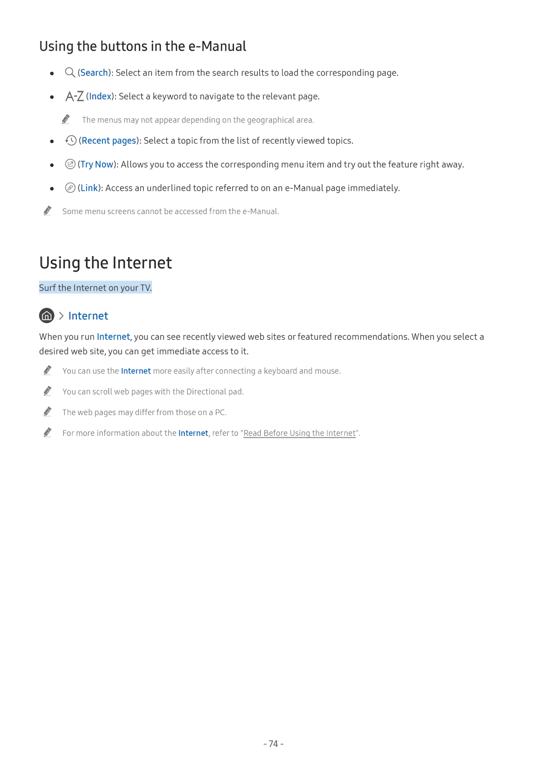Samsung UE55NU8075TXXC, UE82NU8009TXZG, UE65NU8509TXZG, UE55NU8059TXZG Using the Internet, Using the buttons in the e-Manual 