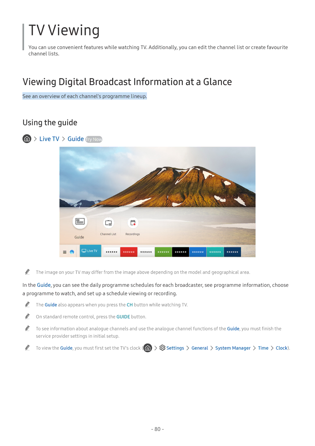 Samsung UE65NU7402UXXH manual Viewing Digital Broadcast Information at a Glance, Using the guide, Live TV Guide Try Now 