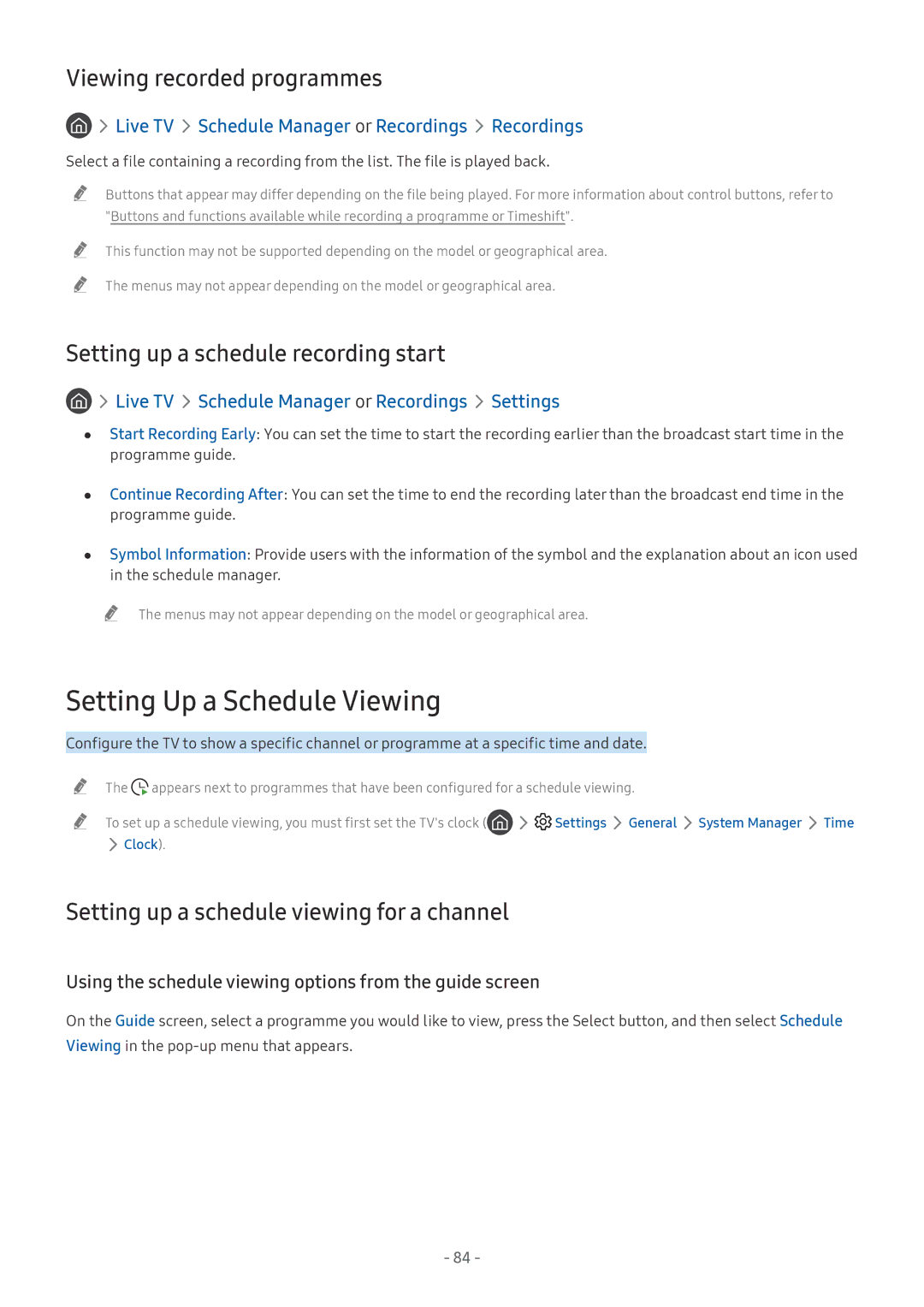 Samsung UE65NU8072TXXH Setting Up a Schedule Viewing, Viewing recorded programmes, Setting up a schedule recording start 