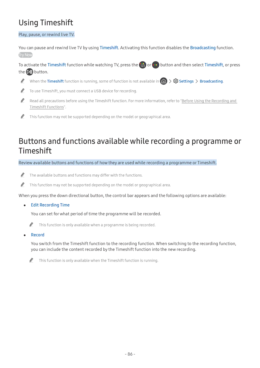 Samsung UE49NU8072TXXH, UE82NU8009TXZG, UE65NU8509TXZG manual Using Timeshift, Edit Recording Time, Settings Broadcasting 