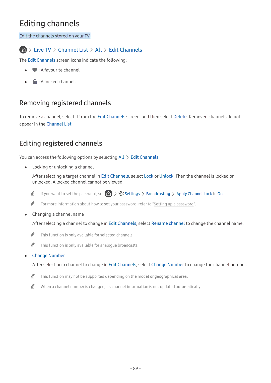 Samsung QE55Q8CNATXXH manual Editing channels, Removing registered channels, Editing registered channels, Change Number 