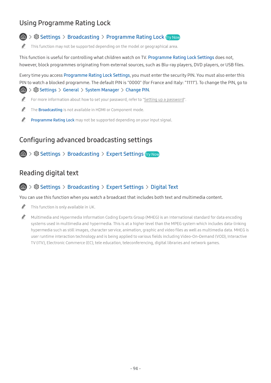 Samsung QE75Q9FNATXXH manual Using Programme Rating Lock, Configuring advanced broadcasting settings, Reading digital text 