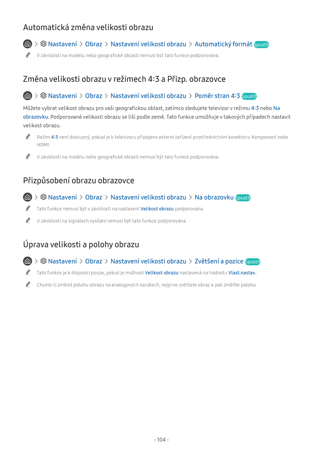 Samsung UE55NU7100KXXU Automatická změna velikosti obrazu, Změna velikosti obrazu v režimech 43 a Přizp. obrazovce, 104 