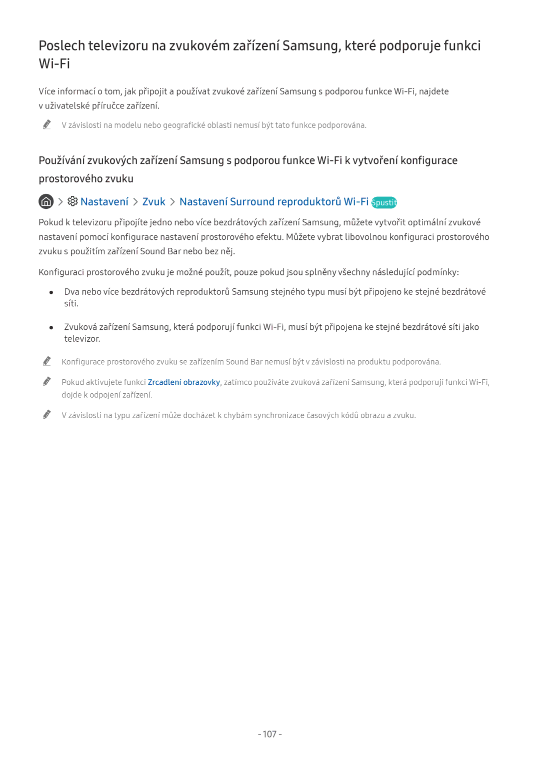 Samsung UE55NU7300WXXN, UE82NU8009TXZG, UE65NU8509TXZG Nastavení Zvuk Nastavení Surround reproduktorů Wi-Fi Spustit, 107 
