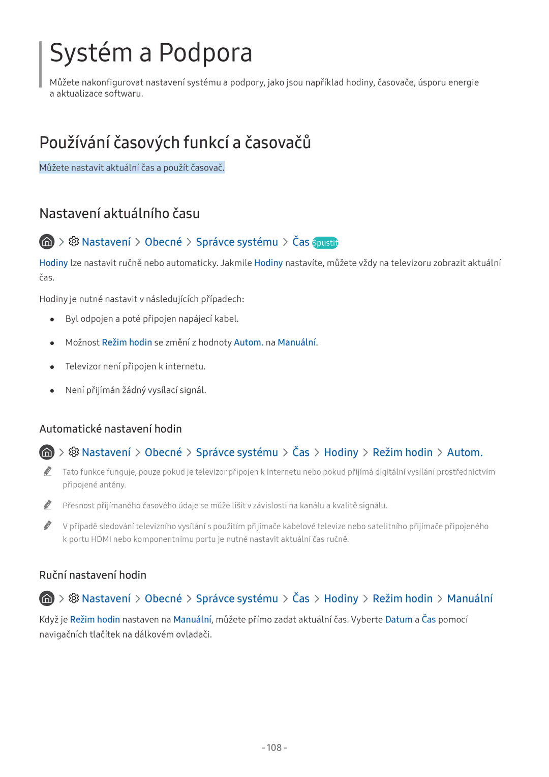Samsung UE55NU7500UXZG manual Používání časových funkcí a časovačů, Nastavení aktuálního času, Automatické nastavení hodin 