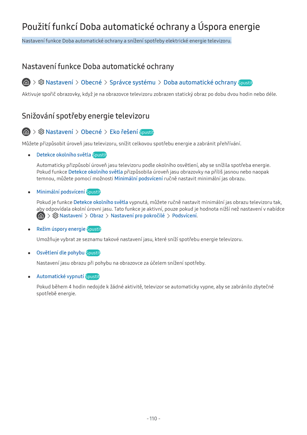 Samsung UE65NU8050LXXN Použití funkcí Doba automatické ochrany a Úspora energie, Nastavení funkce Doba automatické ochrany 