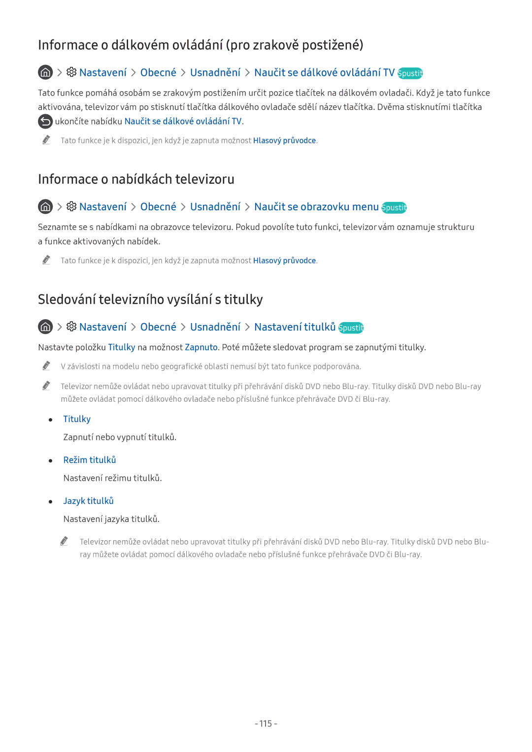 Samsung UE65NU7500UXXU manual Informace o dálkovém ovládání pro zrakově postižené, Informace o nabídkách televizoru 