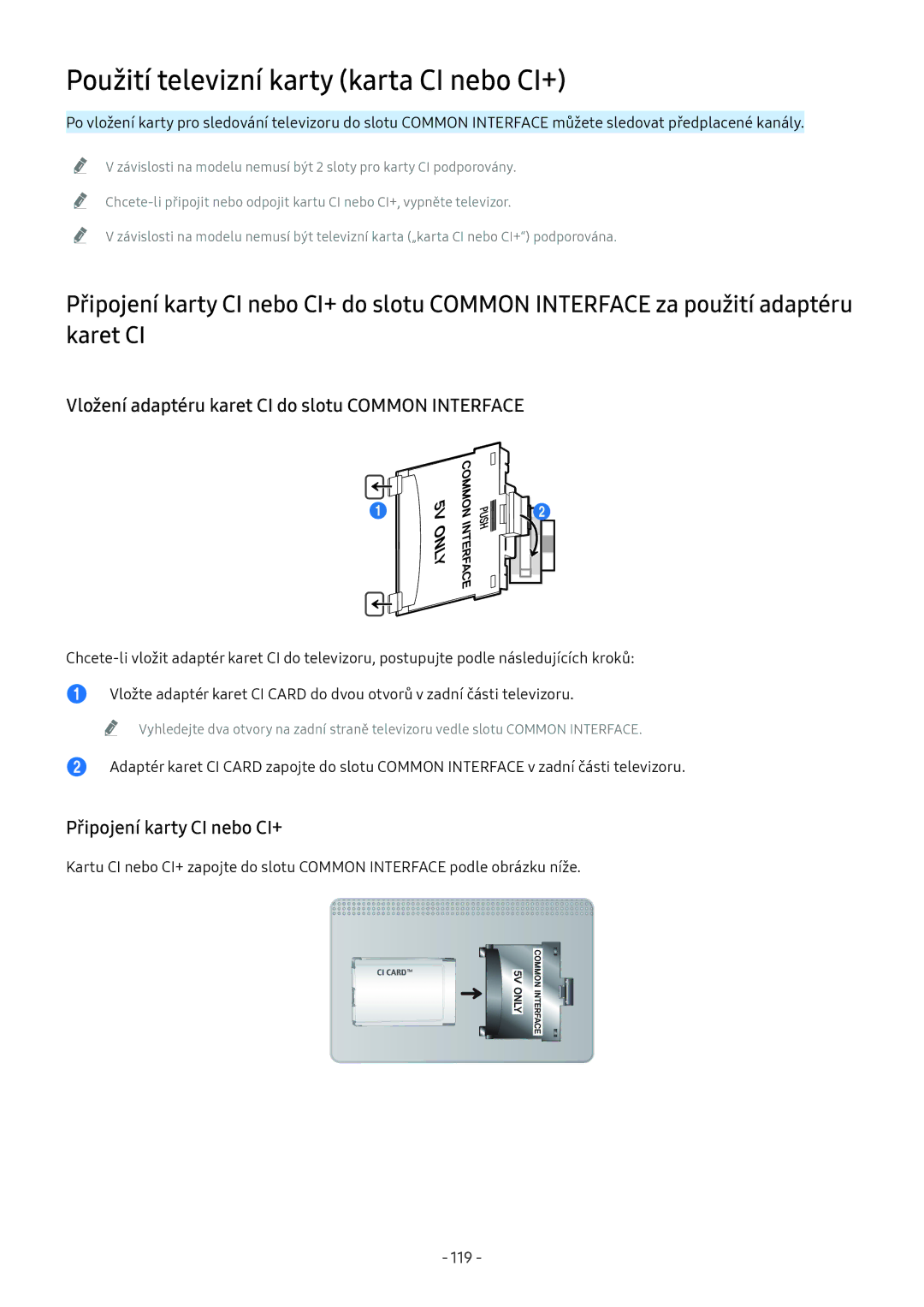 Samsung UE55NU8040TXZG Použití televizní karty karta CI nebo CI+, Vložení adaptéru karet CI do slotu Common Interface, 119 