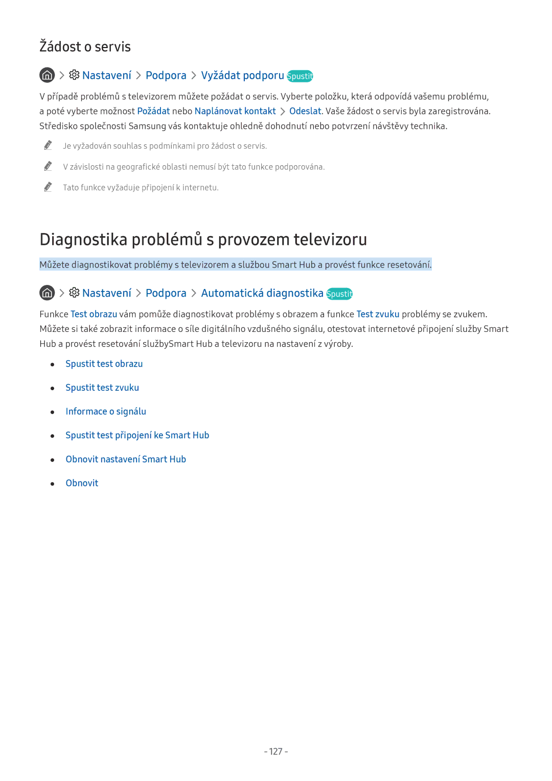 Samsung UE65NU8040TXZG Diagnostika problémů s provozem televizoru, Nastavení Podpora Automatická diagnostika Spustit, 127 