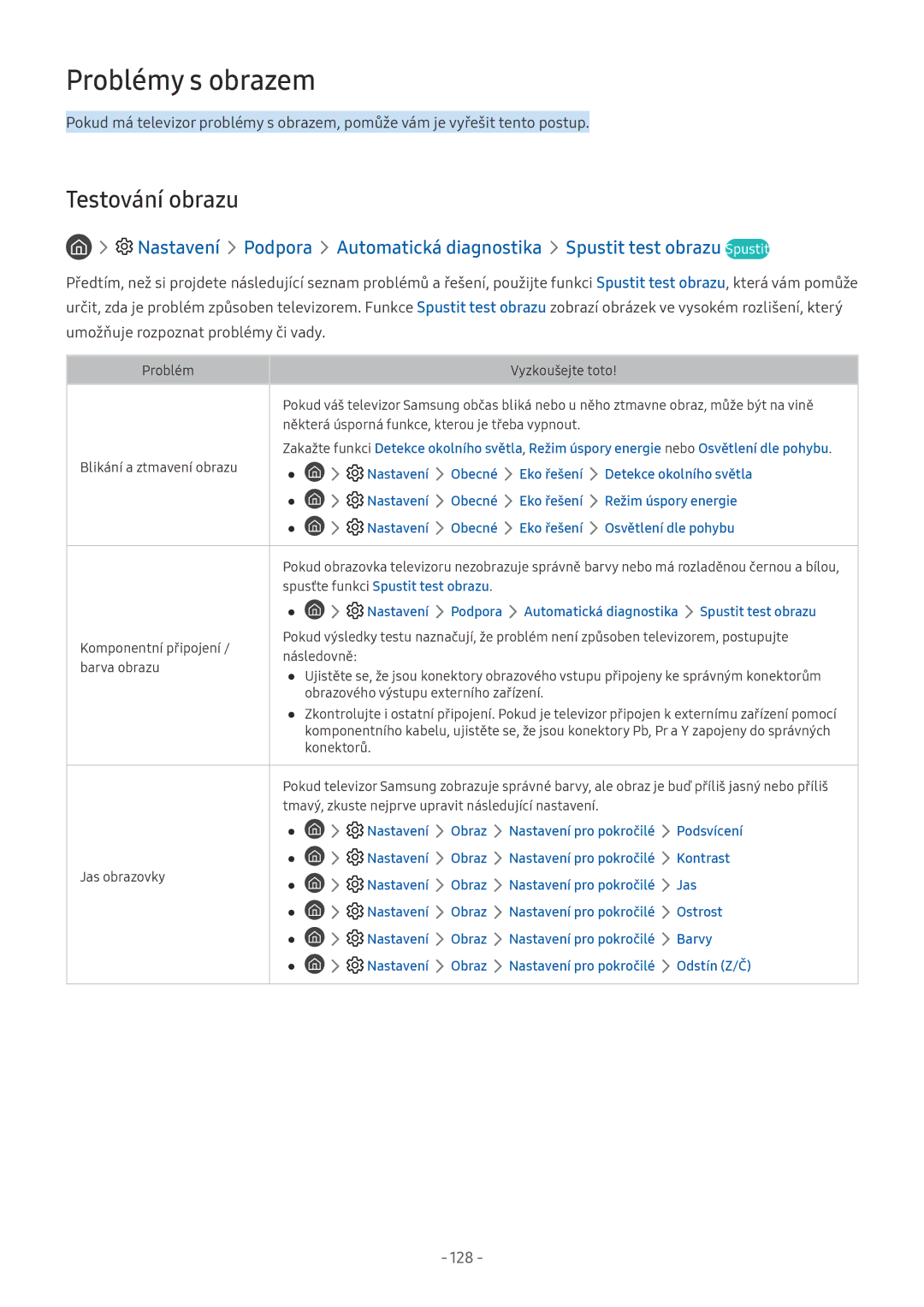 Samsung QE75Q9FNALXXN, UE82NU8009TXZG, UE65NU8509TXZG, UE55NU8059TXZG manual Problémy s obrazem, Testování obrazu, 128 
