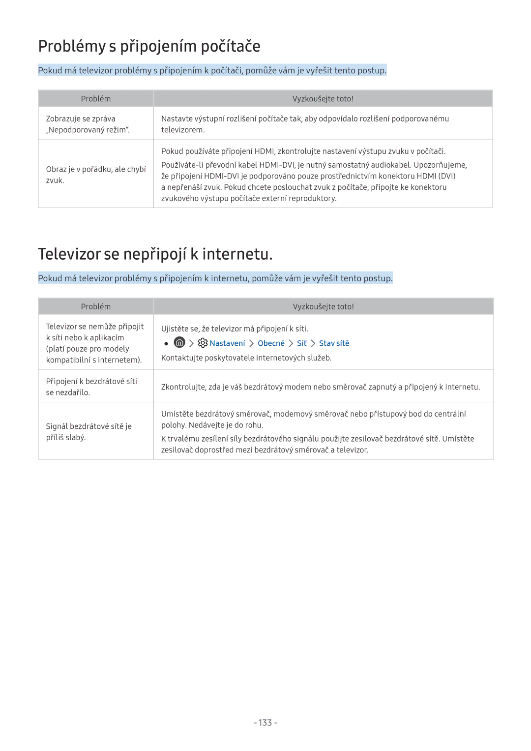 Samsung QE65Q6FAMTXXU, UE82NU8009TXZG manual Problémy s připojením počítače, Televizor se nepřipojí k internetu, 133 