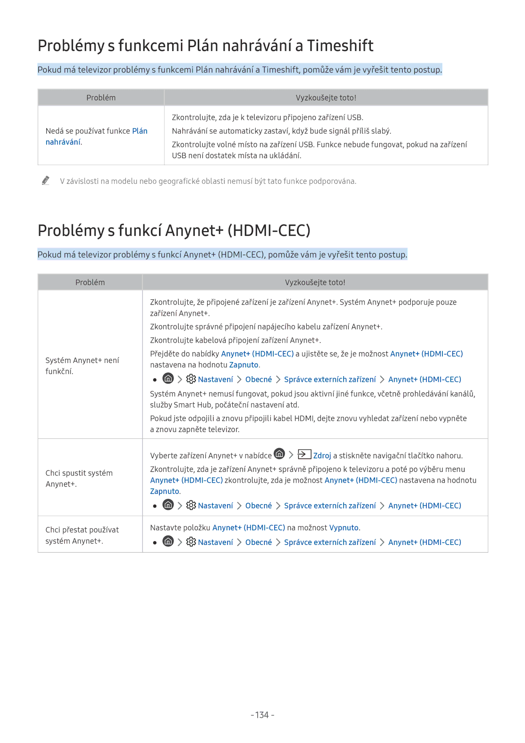 Samsung QE55Q9FNALXXN manual Problémy s funkcemi Plán nahrávání a Timeshift, Problémy s funkcí Anynet+ HDMI-CEC, 134 