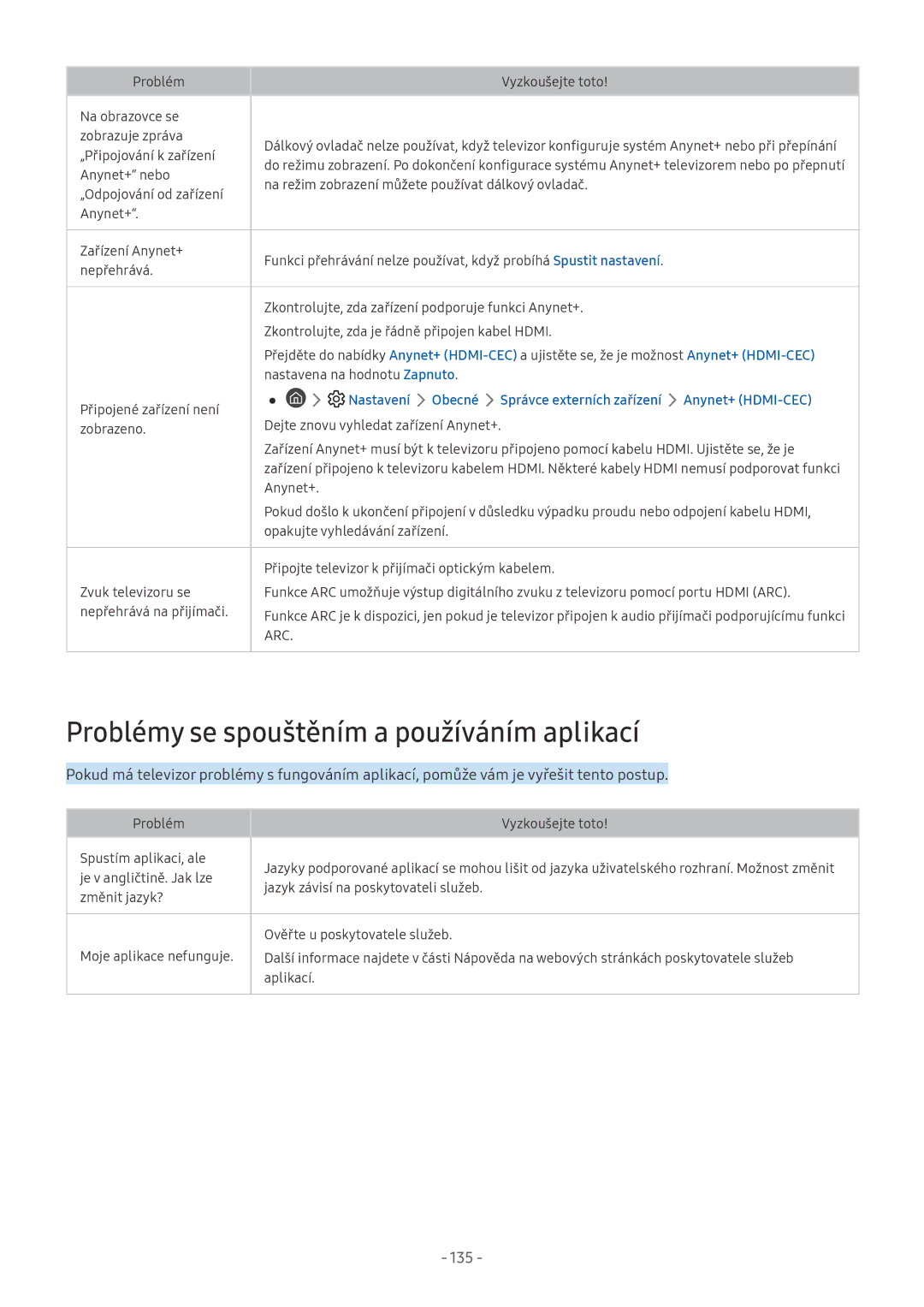 Samsung UE75NU8000TXZG, UE82NU8009TXZG, UE65NU8509TXZG, UE55NU8059TXZG Problémy se spouštěním a používáním aplikací, 135 