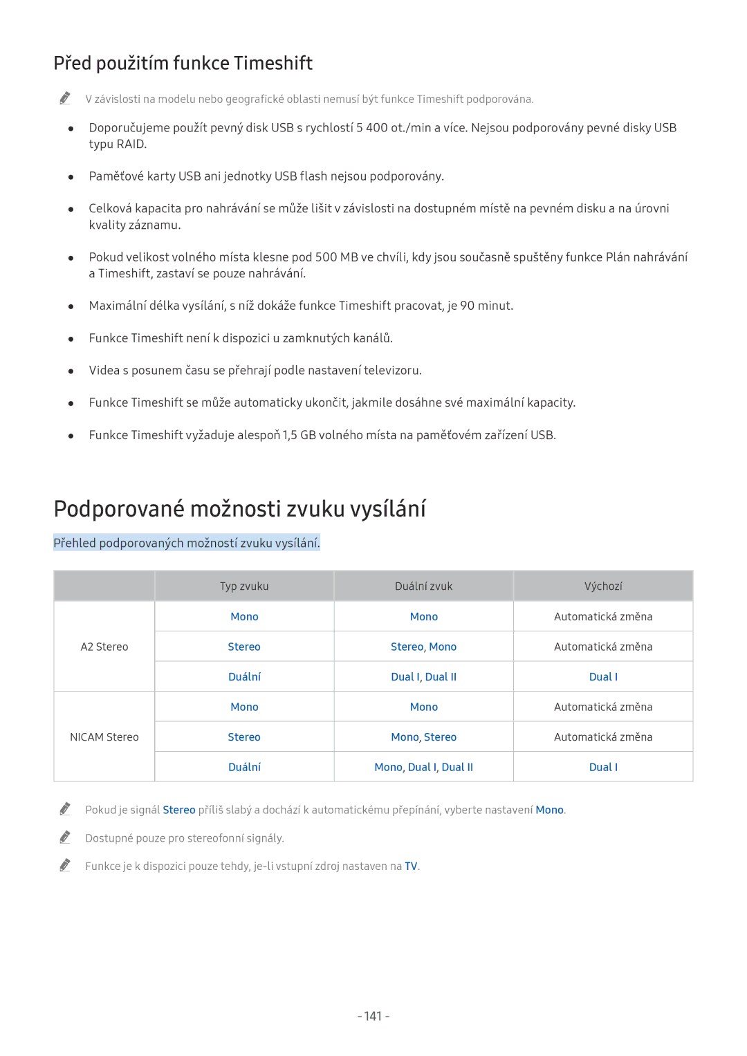 Samsung UE55NU8070LXXN, UE82NU8009TXZG manual Podporované možnosti zvuku vysílání, Před použitím funkce Timeshift, 141 