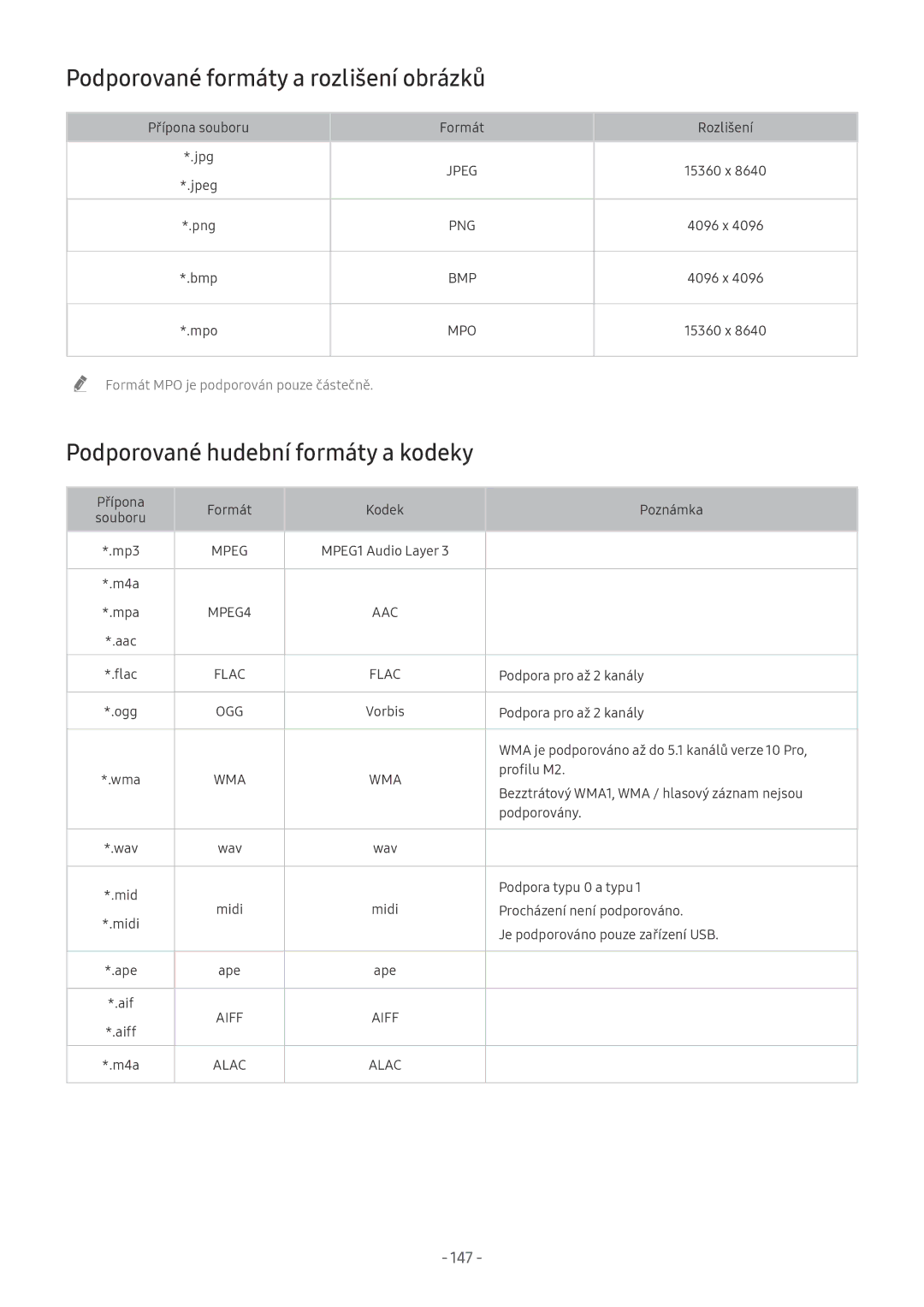 Samsung UE50MU6120KXXU, UE82NU8009TXZG Podporované formáty a rozlišení obrázků, Podporované hudební formáty a kodeky, 147 