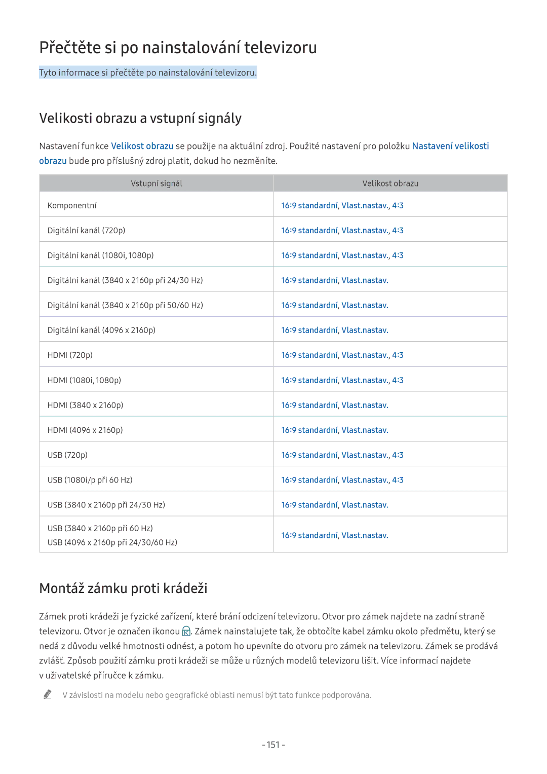 Samsung UE65NU7470SXXN, UE82NU8009TXZG Přečtěte si po nainstalování televizoru, Velikosti obrazu a vstupní signály, 151 