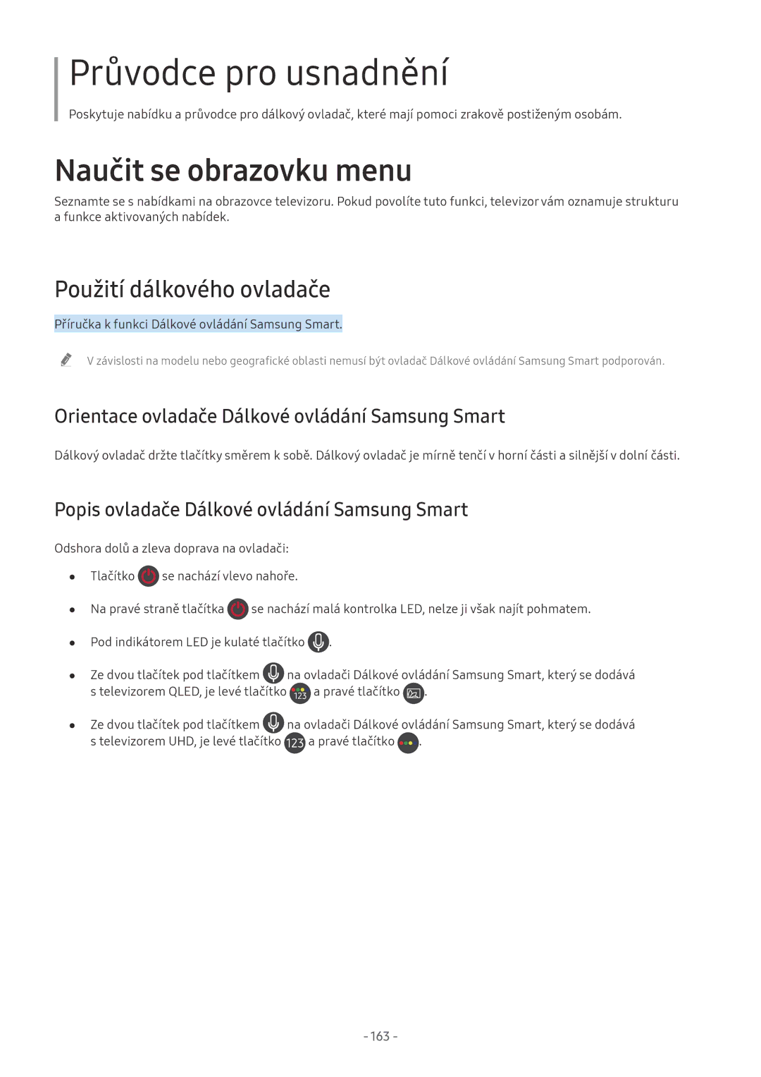 Samsung UE65NU7450SXXN, UE82NU8009TXZG Použití dálkového ovladače, Orientace ovladače Dálkové ovládání Samsung Smart, 163 