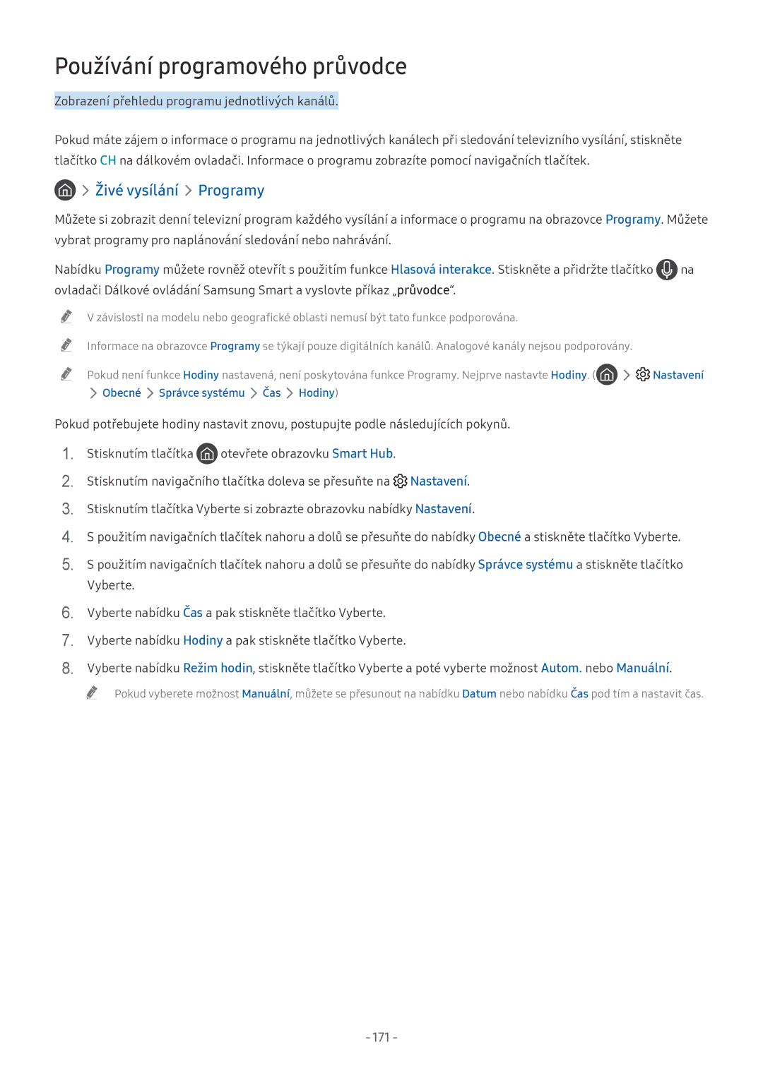 Samsung UE65NU7500SXXN, UE82NU8009TXZG, UE65NU8509TXZG manual Používání programového průvodce, Živé vysílání Programy, 171 