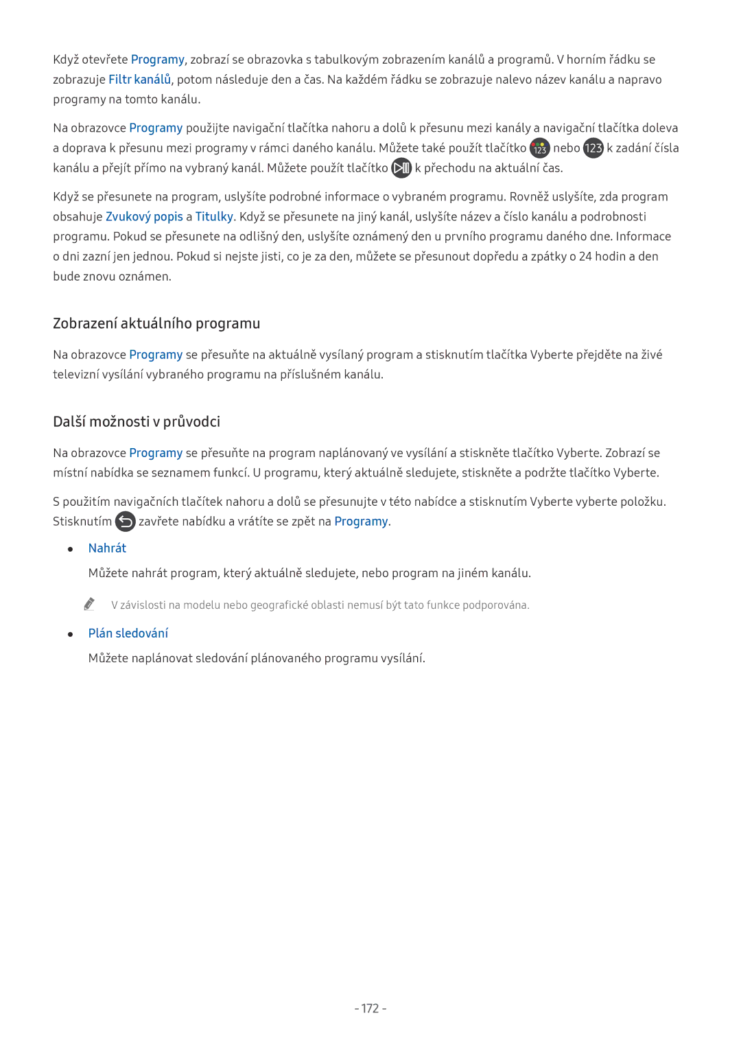 Samsung UE65NU7445UXXC, UE82NU8009TXZG manual Zobrazení aktuálního programu, Další možnosti v průvodci, Plán sledování, 172 