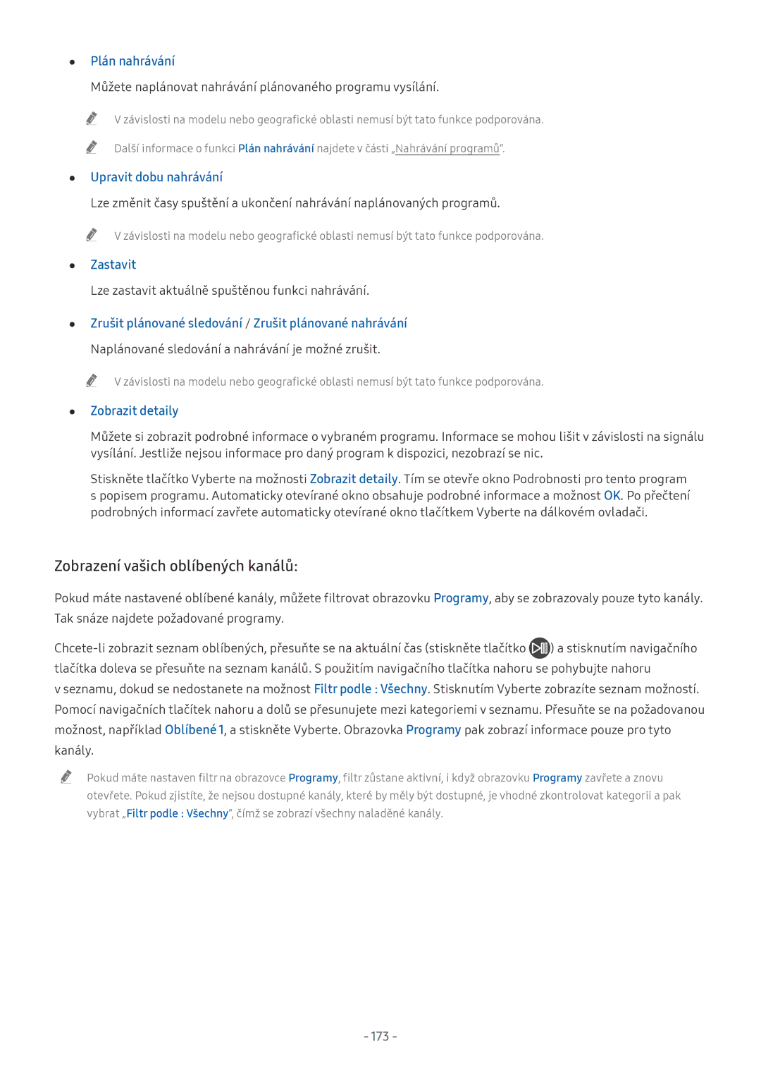 Samsung UE65NU7370UXZG, UE82NU8009TXZG Zobrazení vašich oblíbených kanálů, Plán nahrávání, Zastavit, Zobrazit detaily, 173 