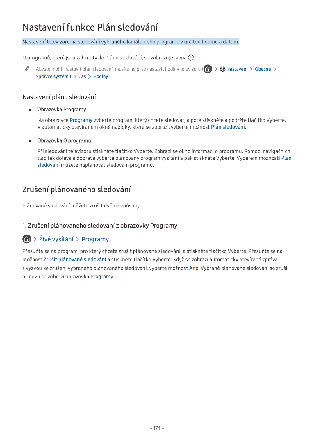 Samsung UE55NU8070TXXU, UE82NU8009TXZG, UE65NU8509TXZG manual Zrušení plánovaného sledování, Nastavení plánu sledování, 174 