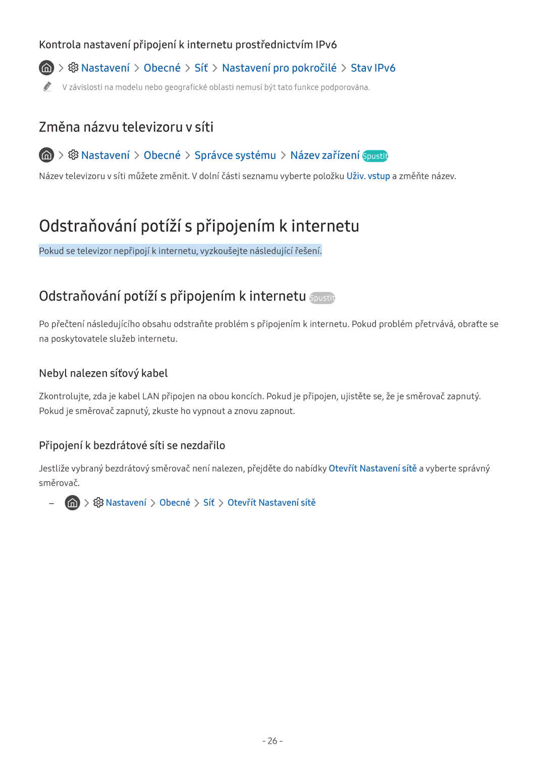 Samsung UE65NU7645UXXC, UE82NU8009TXZG manual Odstraňování potíží s připojením k internetu, Změna názvu televizoru v síti 