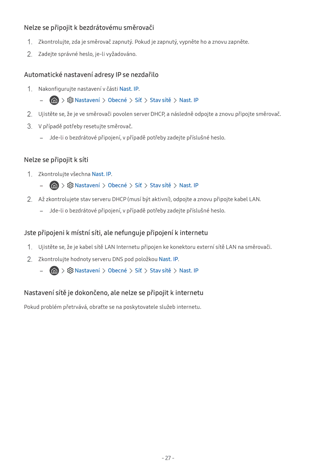 Samsung UE75NU8005TXXC manual Nelze se připojit k bezdrátovému směrovači, Automatické nastavení adresy IP se nezdařilo 