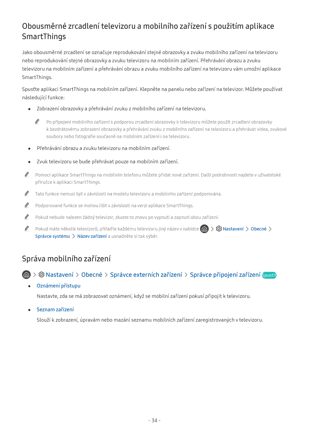 Samsung UE65NU7105KXXC, UE82NU8009TXZG, UE65NU8509TXZG manual Správa mobilního zařízení, Oznámení přístupu, Seznam zařízení 