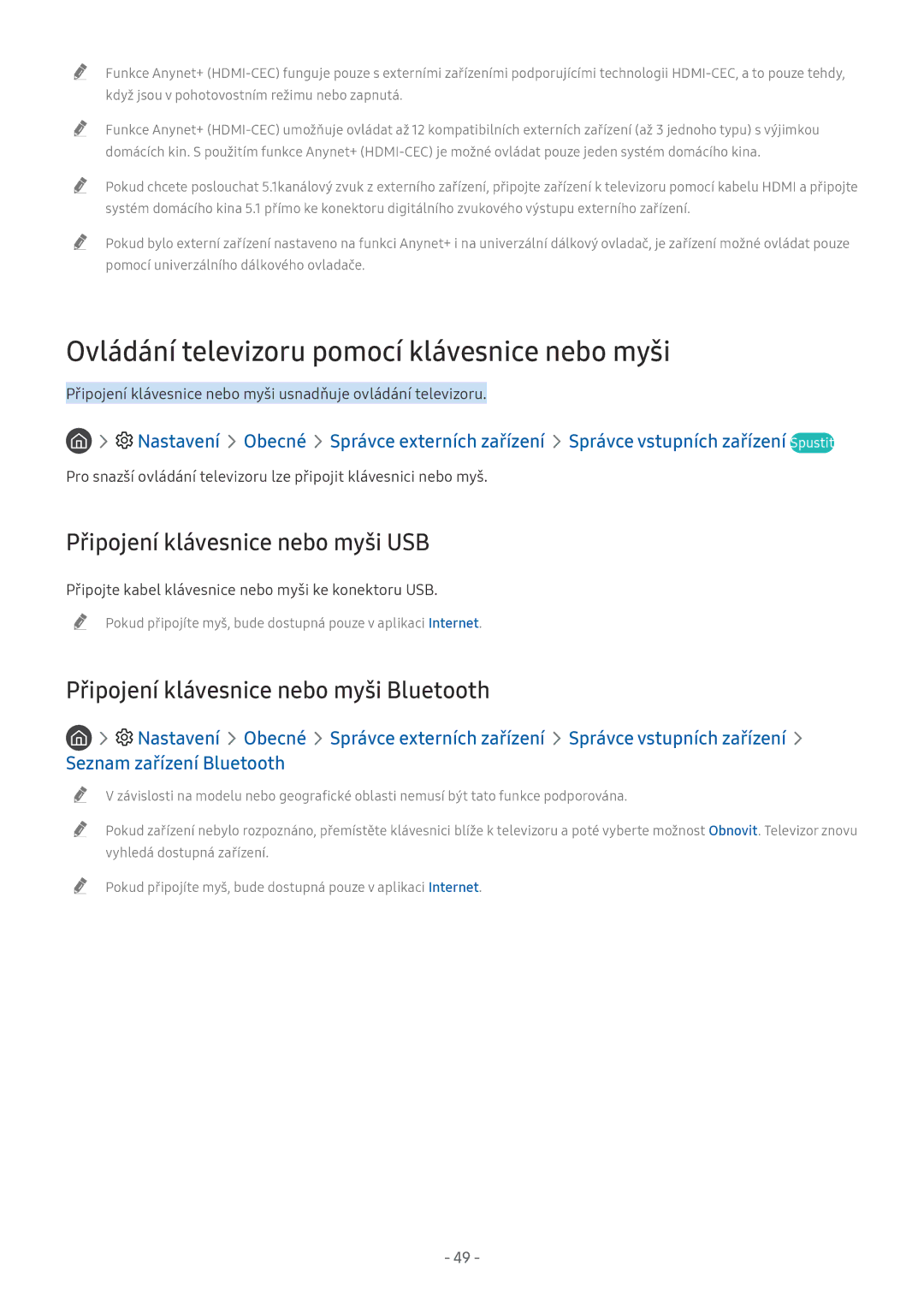 Samsung UE55NU7370UXZT, UE82NU8009TXZG Ovládání televizoru pomocí klávesnice nebo myši, Připojení klávesnice nebo myši USB 