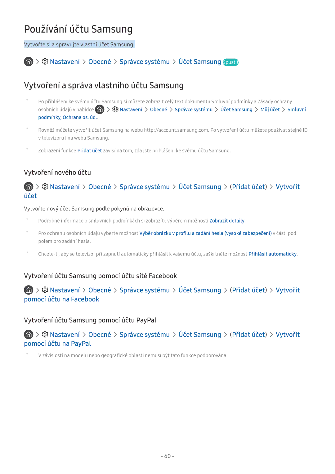 Samsung UE55NU7172UXXH manual Používání účtu Samsung, Vytvoření a správa vlastního účtu Samsung, Pomocí účtu na PayPal 