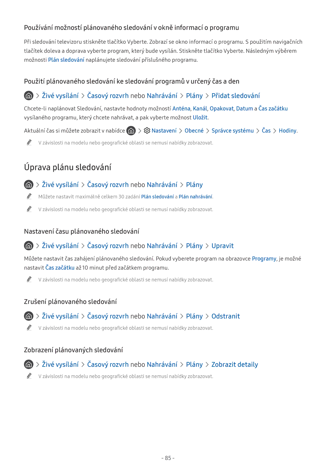 Samsung UE75NU7102KXXH manual Úprava plánu sledování, Nastavení času plánovaného sledování, Zrušení plánovaného sledování 