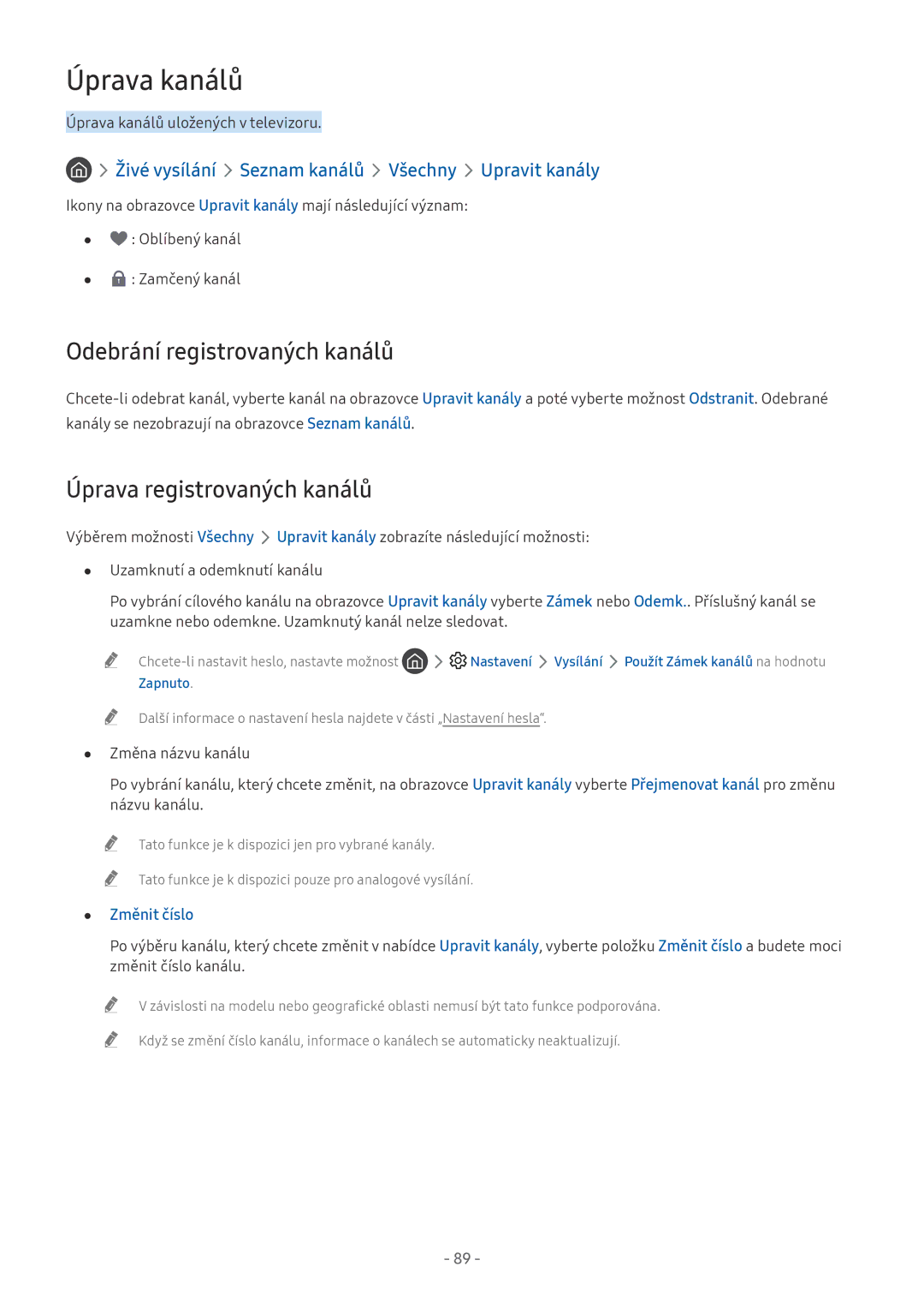 Samsung UE65NU7505UXXC manual Úprava kanálů, Odebrání registrovaných kanálů, Úprava registrovaných kanálů, Změnit číslo 