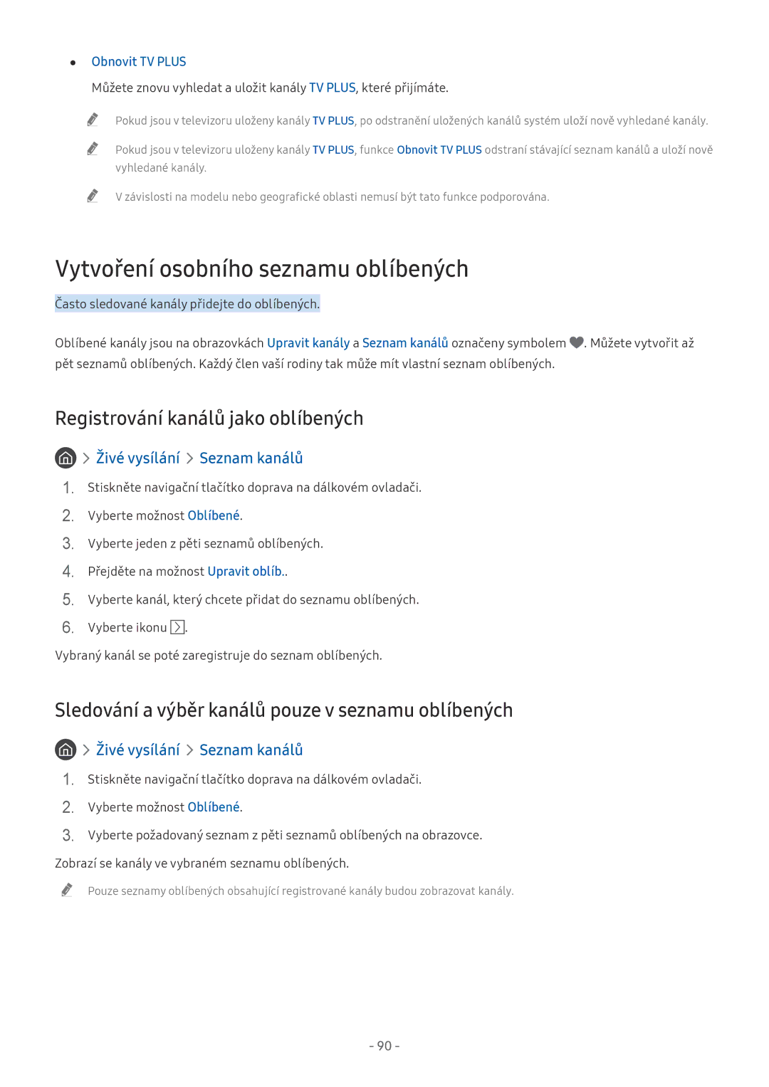 Samsung UE65NU7300WXXN manual Vytvoření osobního seznamu oblíbených, Registrování kanálů jako oblíbených, Obnovit TV Plus 
