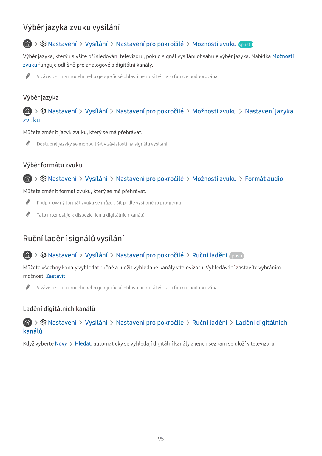 Samsung UE49NU8055TXXC, UE82NU8009TXZG Výběr jazyka zvuku vysílání, Ruční ladění signálů vysílání, Výběr formátu zvuku 