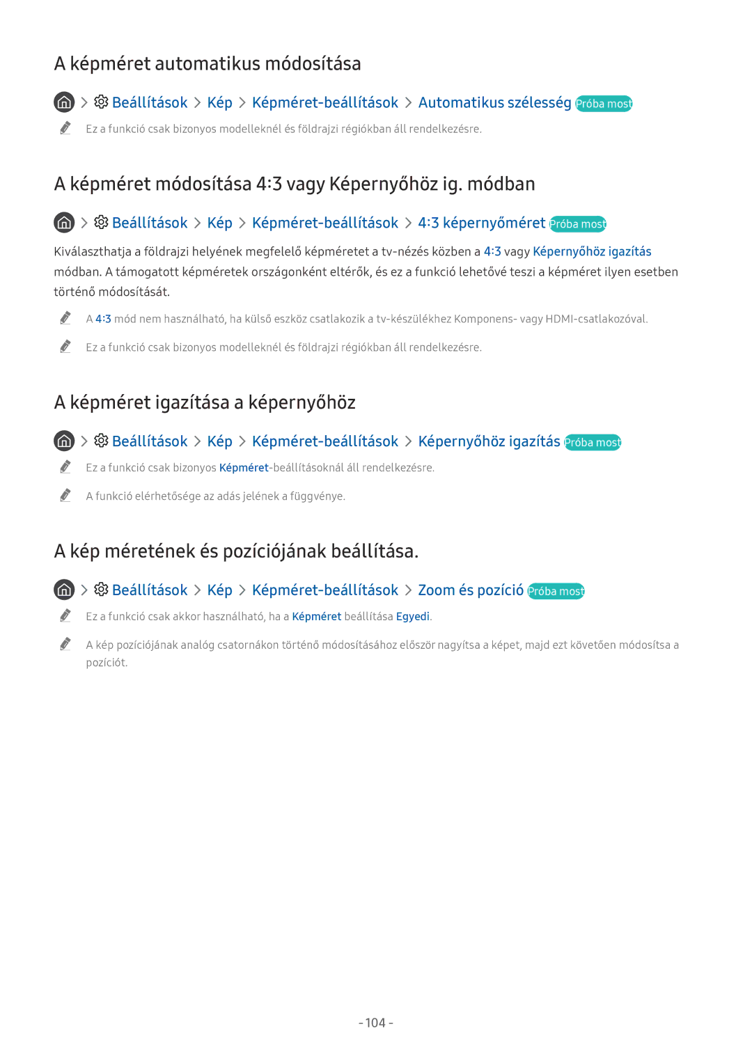 Samsung UE55NU7300WXXN manual Képméret automatikus módosítása, Képméret módosítása 43 vagy Képernyőhöz ig. módban, 104 