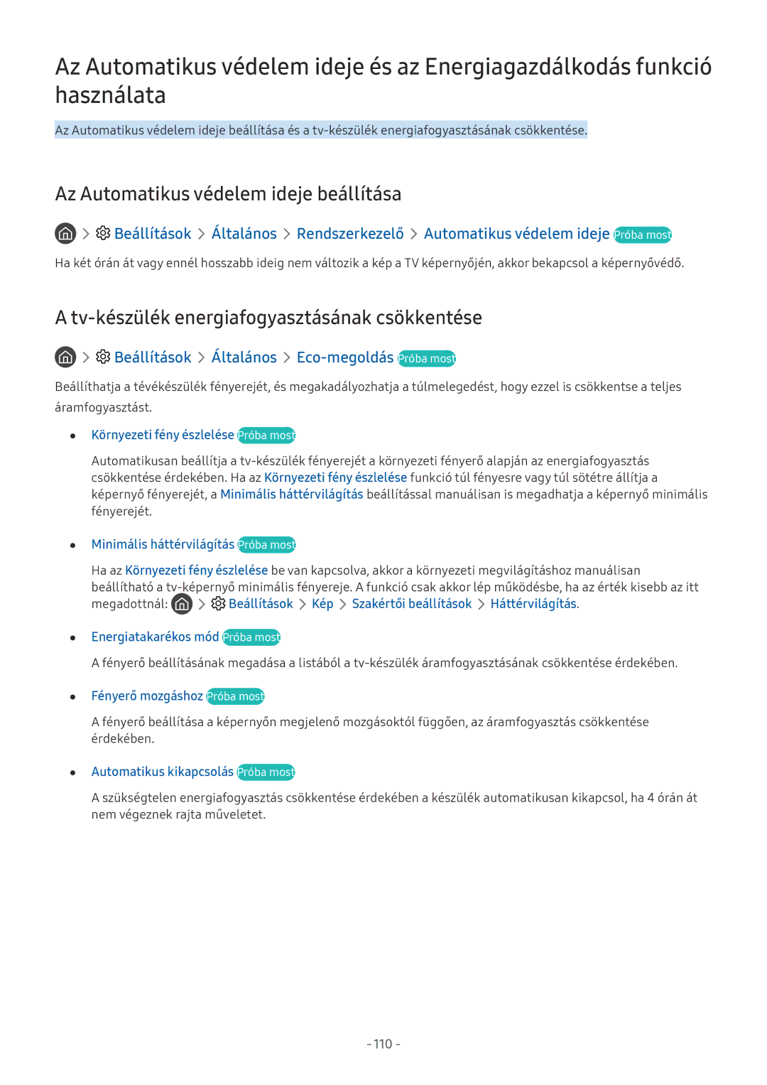 Samsung UE65NU7670SXXN manual Az Automatikus védelem ideje beállítása, Tv-készülék energiafogyasztásának csökkentése, 110 