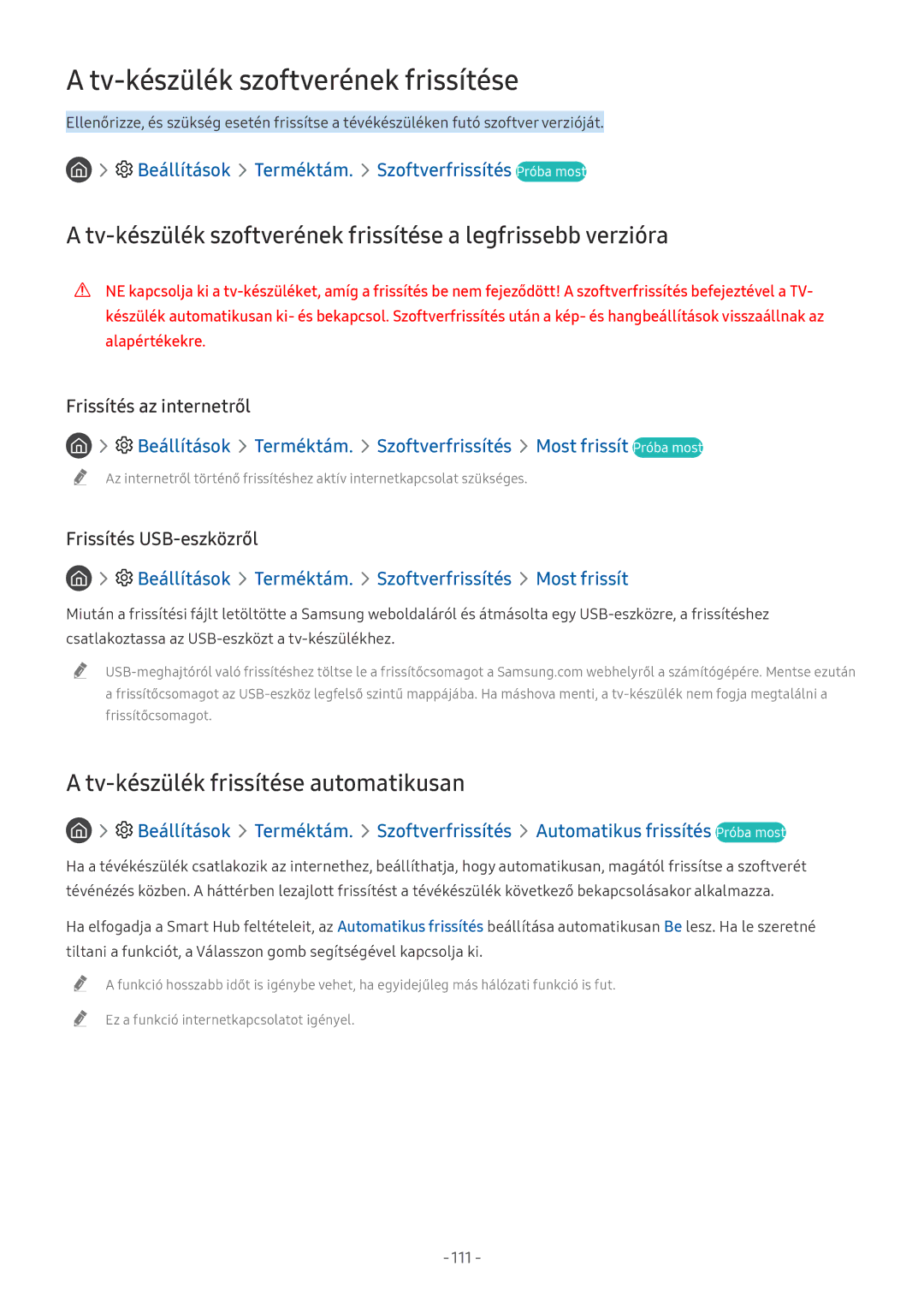 Samsung UE65NU7640SXXN, UE82NU8009TXZG, UE65NU8509TXZG, UE55NU8059TXZG manual Tv-készülék szoftverének frissítése, 111 