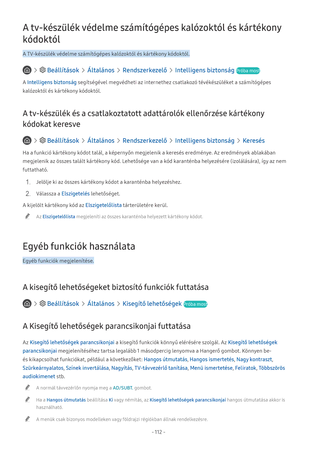 Samsung UE65NU7500UXXU, UE82NU8009TXZG Egyéb funkciók használata, Kisegítő lehetőségeket biztosító funkciók futtatása, 112 