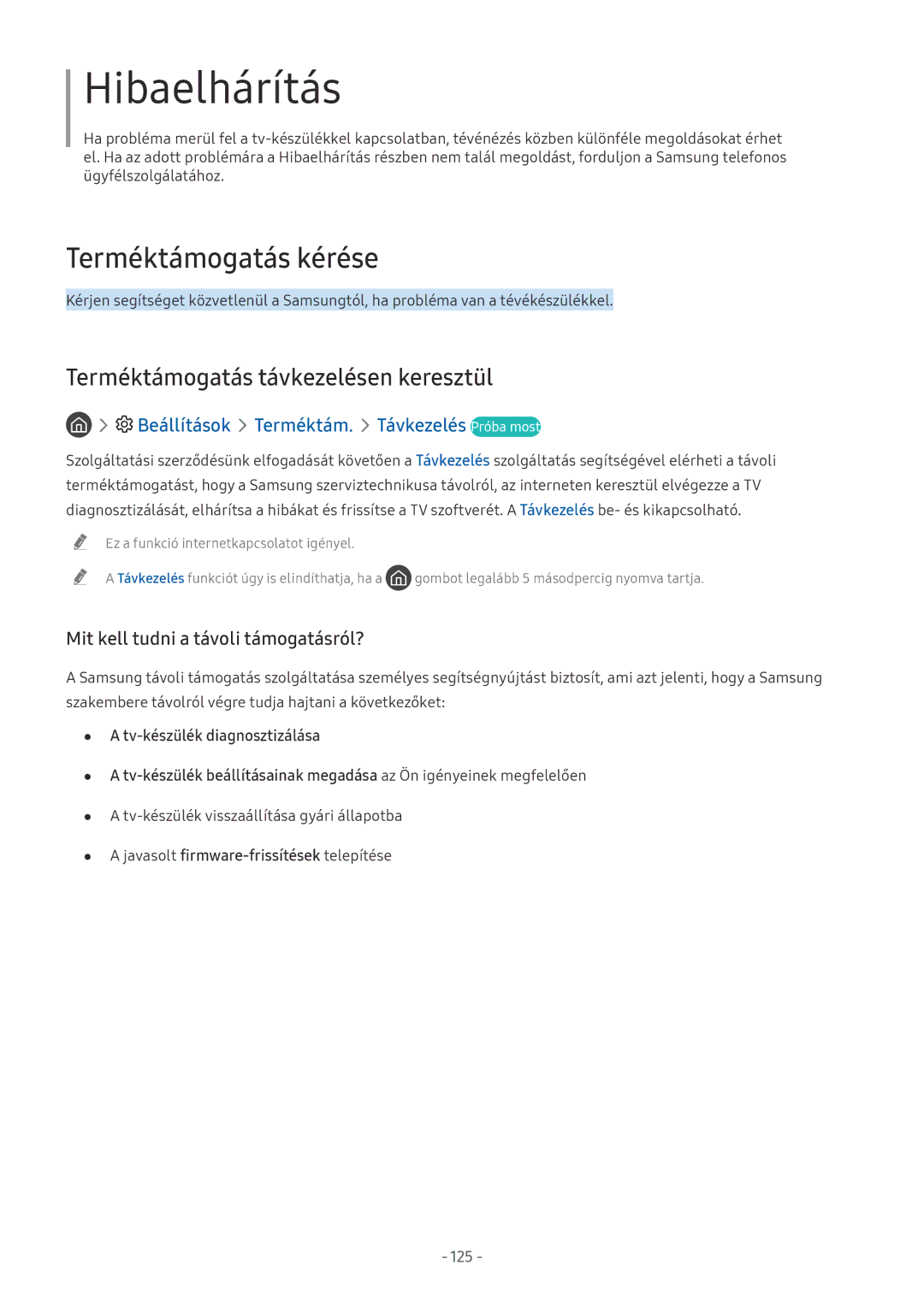 Samsung QE75Q9FNALXXN, UE82NU8009TXZG, UE65NU8509TXZG, UE55NU8059TXZG manual Terméktámogatás távkezelésen keresztül, 125 